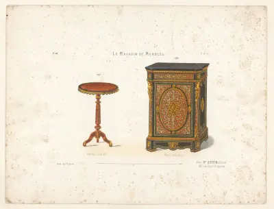 Guéridon Louis XVI ; Bahut genre Boule av Victor Léon Michel Quétin