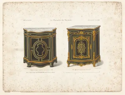 Meuble d’appui Louis XV, noir et filets ; Meuble d’appui riche Louis XIV av Victor Léon Michel Quétin