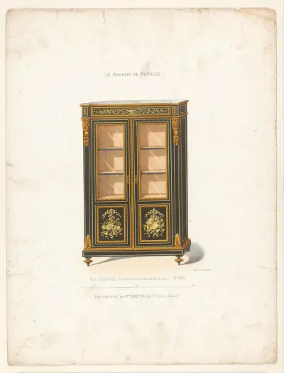 Mała biblioteczka, czarne drewno i brąz, inkrustacja miedzią, Victor Léon Michel Quétin