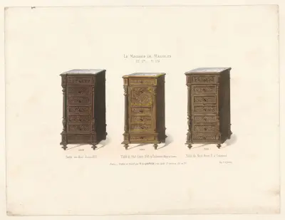 Louis XVI nattduksbord; Louis XVI nattduksbord med kolonner (valnöt och koppar); Henrik II nattduksbord med kolonner av Victor Léon Michel Quétin