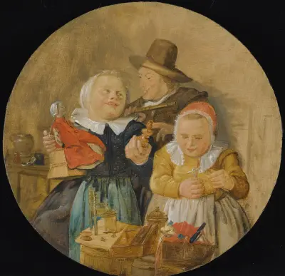 An Interior With A Man Holding A Flute, And Two Children Playing With Their Toys av Jan Miense Molenaer