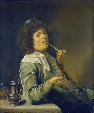 Man Smoking and Holding an Empty Wine Glass av Jan Miense Molenaer
