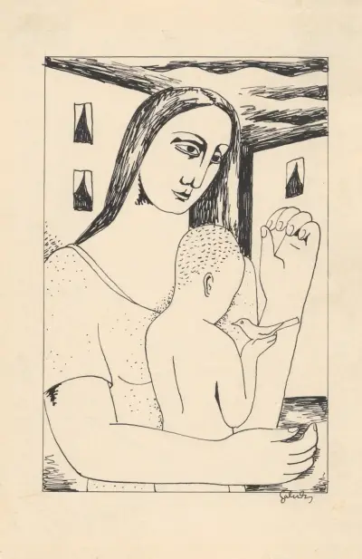 Mother and Child Playing with a Bird von Mikuláš Galanda