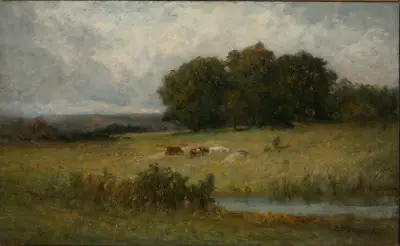 Ljus scen med boskap vid bäck av Edward Mitchell Bannister