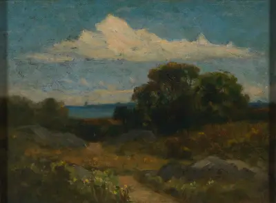Landskap (träd och klippor vid sjö) av Edward Mitchell Bannister
