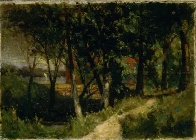Bez názvu (krajina, lesní scéna s červeným plotem a budovou), 1893, Edward Mitchell Bannister