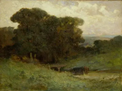 Ohne Titel (Waldstück mit Brücke, Kühe im Bach im Vordergrund) von Edward Mitchell Bannister