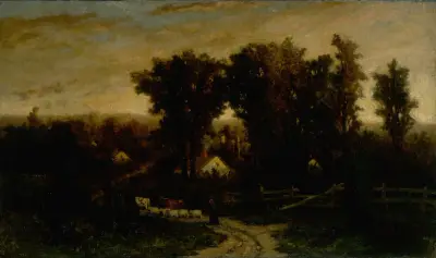 Utan titel (kvinna med boskap och får i skymningen) av Edward Mitchell Bannister