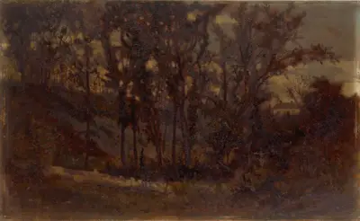 Utan titel (skogsscen med fallen trädstam i förgrunden och hus i bakgrunden) av Edward Mitchell Bannister