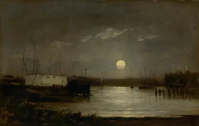 Untitled (moon over a harbor, wharf scene with full moon and masts of boats) av Edward Mitchell Bannister