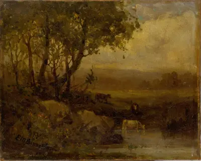 Utan titel (landskap, flodstrand, tre kor) av Edward Mitchell Bannister