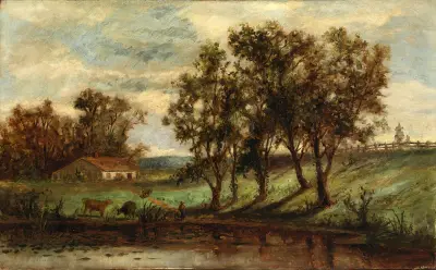 Untitled (man with cows grazing near pond with house and trees in background) – nr 2 av Edward Mitchell Bannister