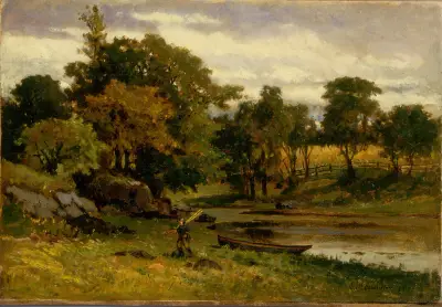 Utan titel (landskap, båt vid å, man i förgrunden) av Edward Mitchell Bannister