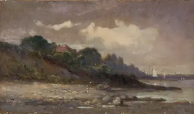 Untitled (shoreline with sailboats and roof) av Edward Mitchell Bannister