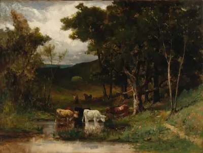 Utan titel (landskap med kor vid bäck nära träd) av Edward Mitchell Bannister