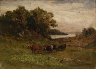 Utan titel (fem kor på bete med träd och flod i bakgrunden) av Edward Mitchell Bannister