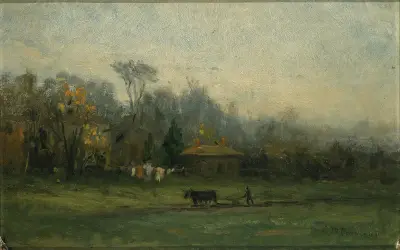 Utan titel (landskap med man som plöjer åker) av Edward Mitchell Bannister