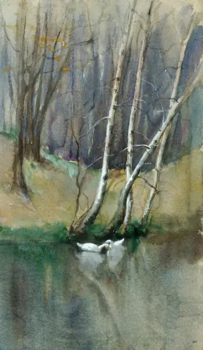Untitled (Wood Scene with Birch Trees and Ducks) av Edward Mitchell Bannister