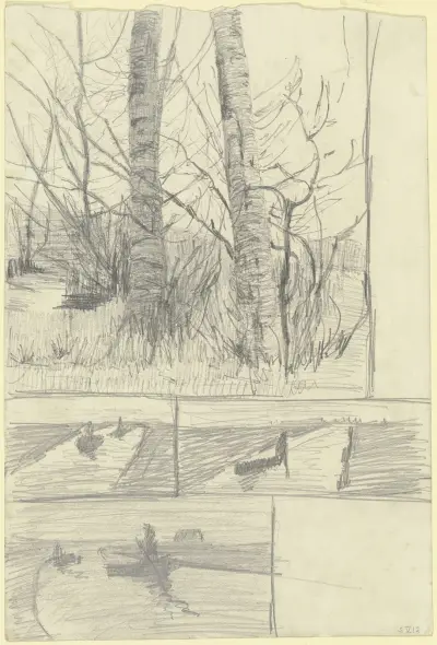 Birkenstämme ; Drei Studien eines Moorkanals mit Kähnen av Paula Modersohn-Becker
