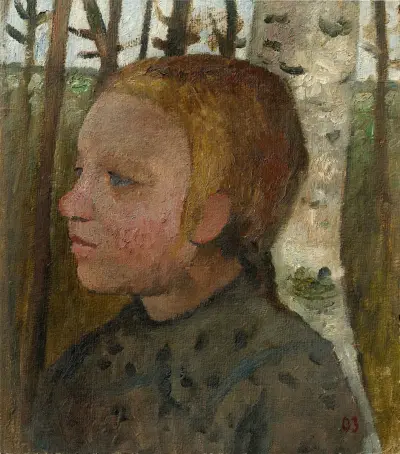 Popiersie dziewczynki zwróconej w lewo na tle brzóz, Paula Modersohn-Becker