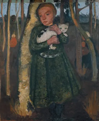 Mädchen im Birkenwald mit Katze von Paula Modersohn-Becker