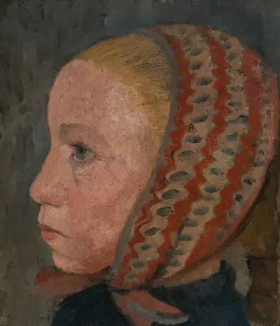 Mädchenkopf mit gestreifter Mütze im Profil nach links von Paula Modersohn-Becker