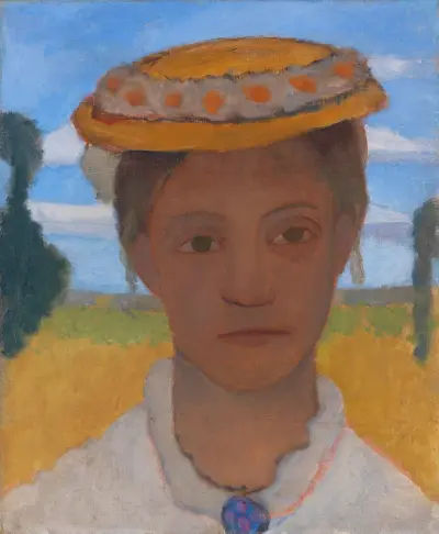 Kopf der Schwester Herma mit Marienblümchenkranz auf dem Hut av Paula Modersohn-Becker