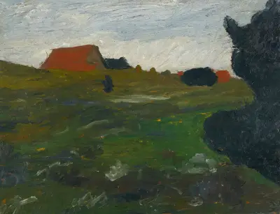 Landschaft mit Busch und roten Häusern von Paula Modersohn-Becker