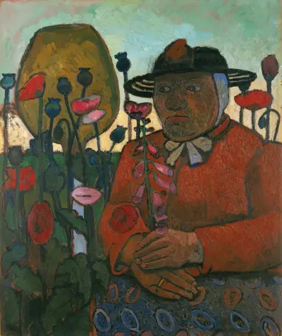 Old poor woman with a glass ball and poppies av Paula Modersohn-Becker