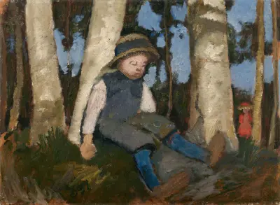 Sitzender Junge mit Strohhut unter Birken von Paula Modersohn-Becker
