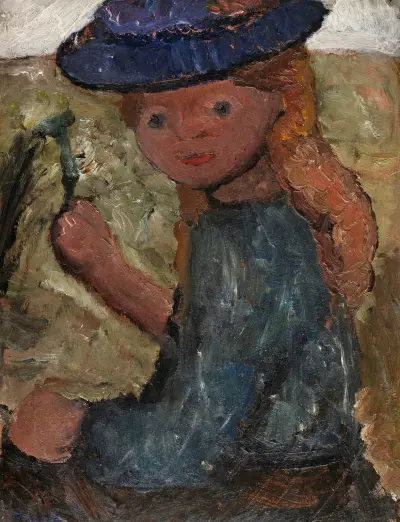 Sitzendes Mädchen mit blauem Hut und Blume in der rechten Hand av Paula Modersohn-Becker