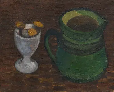Stillleben mit Eierbecher und grünem Henkeltopf av Paula Modersohn-Becker