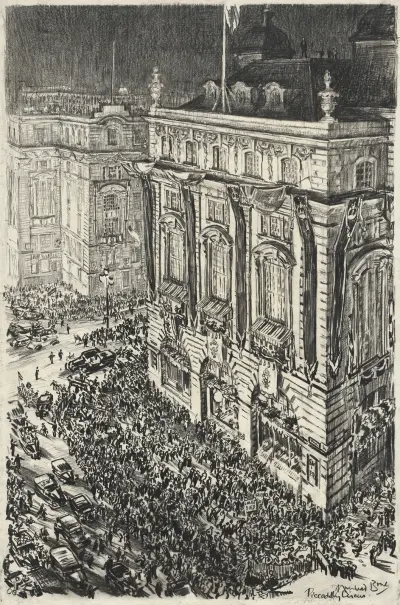 Piccadilly Circus v předvečer korunovace Jiřího VI., Muirhead Bone