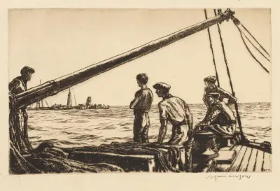 Salvage Men Approaching a Torpedoed Ship av Muirhead Bone