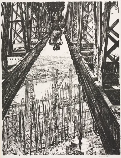 The Great War; Britain’s Efforts and Ideals; Building Ships; A Shipyard Seen from a Big Crane av Muirhead Bone