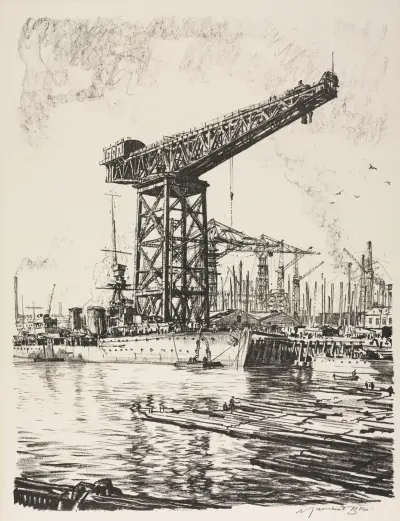 The Great War; Britain’s Efforts and Ideals; Building Ships; A Fitting Out Basin av Muirhead Bone