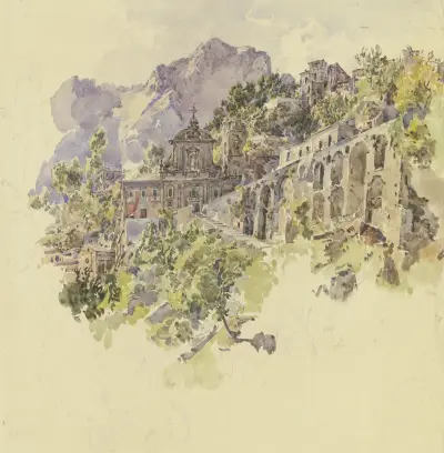 Kloster i bergen med stora terrasser och trappor av Johann Nepomuk Rauch