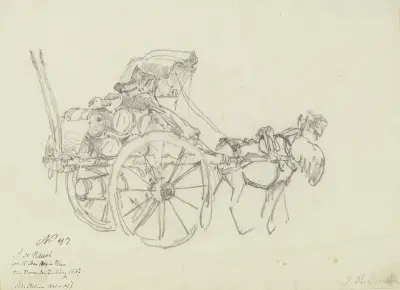 Mit Fässchen beladener Karren, von einem Esel gezogen av Johann Nepomuk Rauch