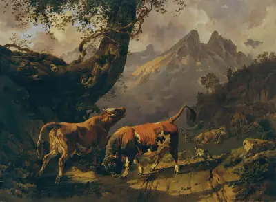 Tjur förföljer en ko, med landskap vid Carrara i bakgrunden av Johann Nepomuk Rauch