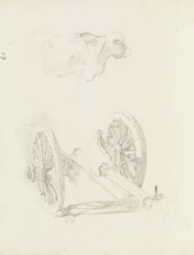 Arkusz studyjny; dwukołowy wózek, powyżej szkic bydła, Johann Nepomuk Rauch