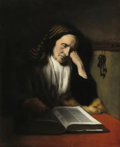 Eine alte Frau, über einem Buch schlummernd von Nicolaes Maes