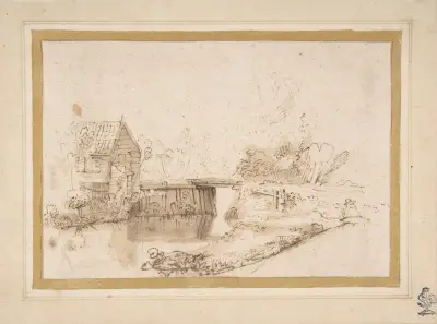 Landschaft mit einem sitzenden Zeichner an einem Fluss, dahinter eine Brücke und ein Häuschen von Nicolaes Maes