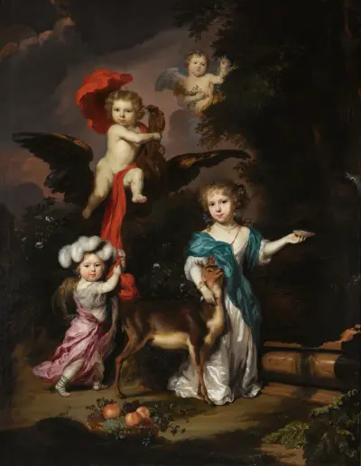 Pastoralt familjeporträtt av fyra barn, personifierande mytologiska figurer, inklusive Ganymedes, och Diana med en hjort av Nicolaes Maes
