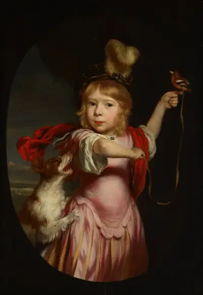 Portrait of a Boy in Classical Dress with a Bullfinch and Spaniel av Nicolaes Maes