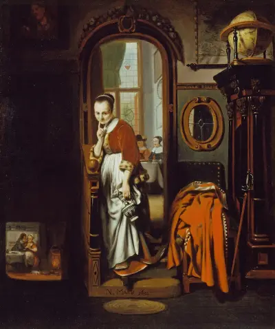 Die lauschende Hausfrau (Die Lauscherin) von Nicolaes Maes