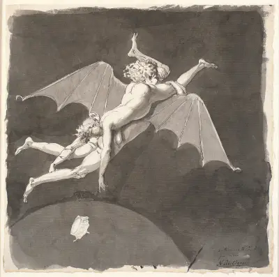 Katharinas II. Fahrt von der Erde Sie ruht auf dem Rücken eines Mannes mit Fledermausflügeln von Nicolai Abildgaard