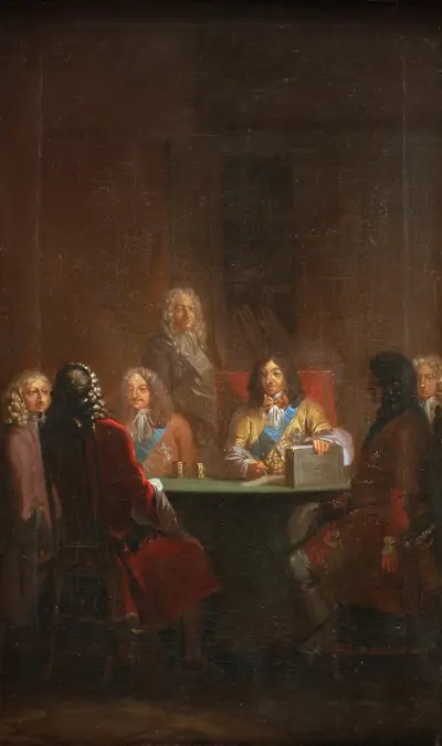 Christian V Presents Danish Law 1683 av Nicolai Abildgaard