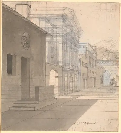 Perspektivische Studie der Architektur im Bild der Hebamme, die das Haus des Androspigen verlässt von Nicolai Abildgaard