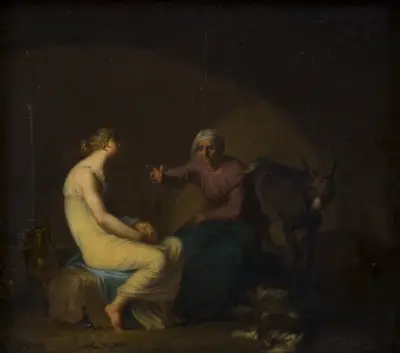 Røverbandens husholderske trøster den unge pige ved at fortælle myten om Amor og Psyche. Motiv fra Apulejus, Det gyldne æsel av Nicolai Abildgaard