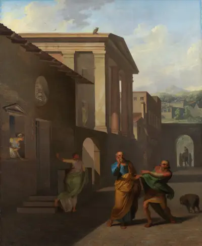 Die Hebamme nimmt Abschied von dem Mädchen aus Andros. Aus Terenz' Andria von Nicolai Abildgaard